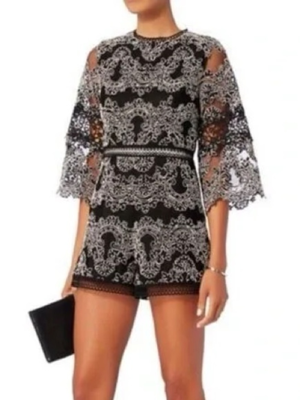 ALEXIS “Veneda” Floral Lace Romper Eyelet Bell Sleeves Intermix